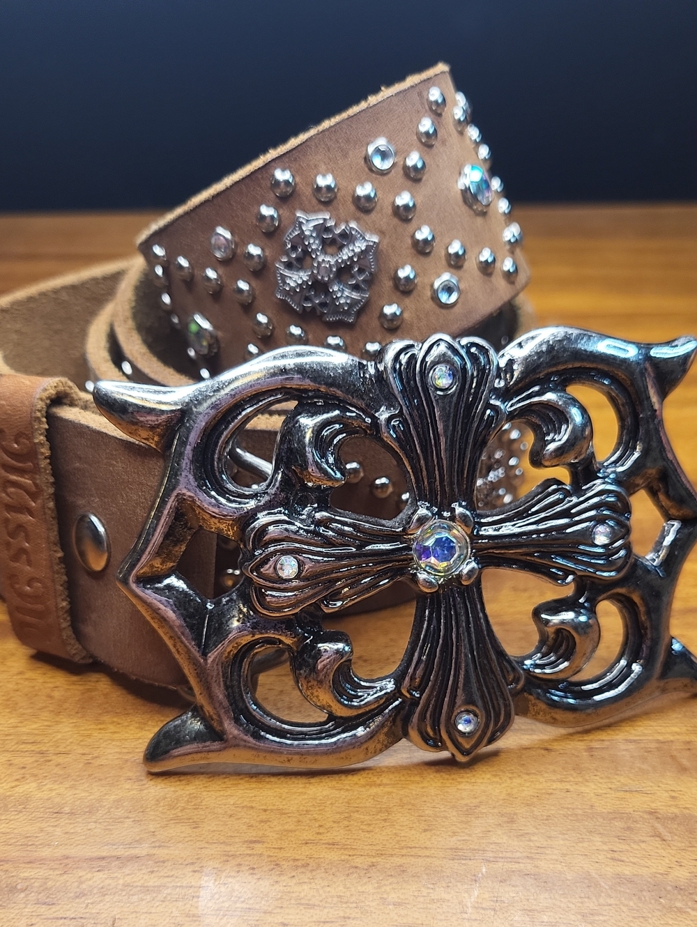 Miss Me Brown Leather Studded Belt with Ornate Silver-Tone Buckle